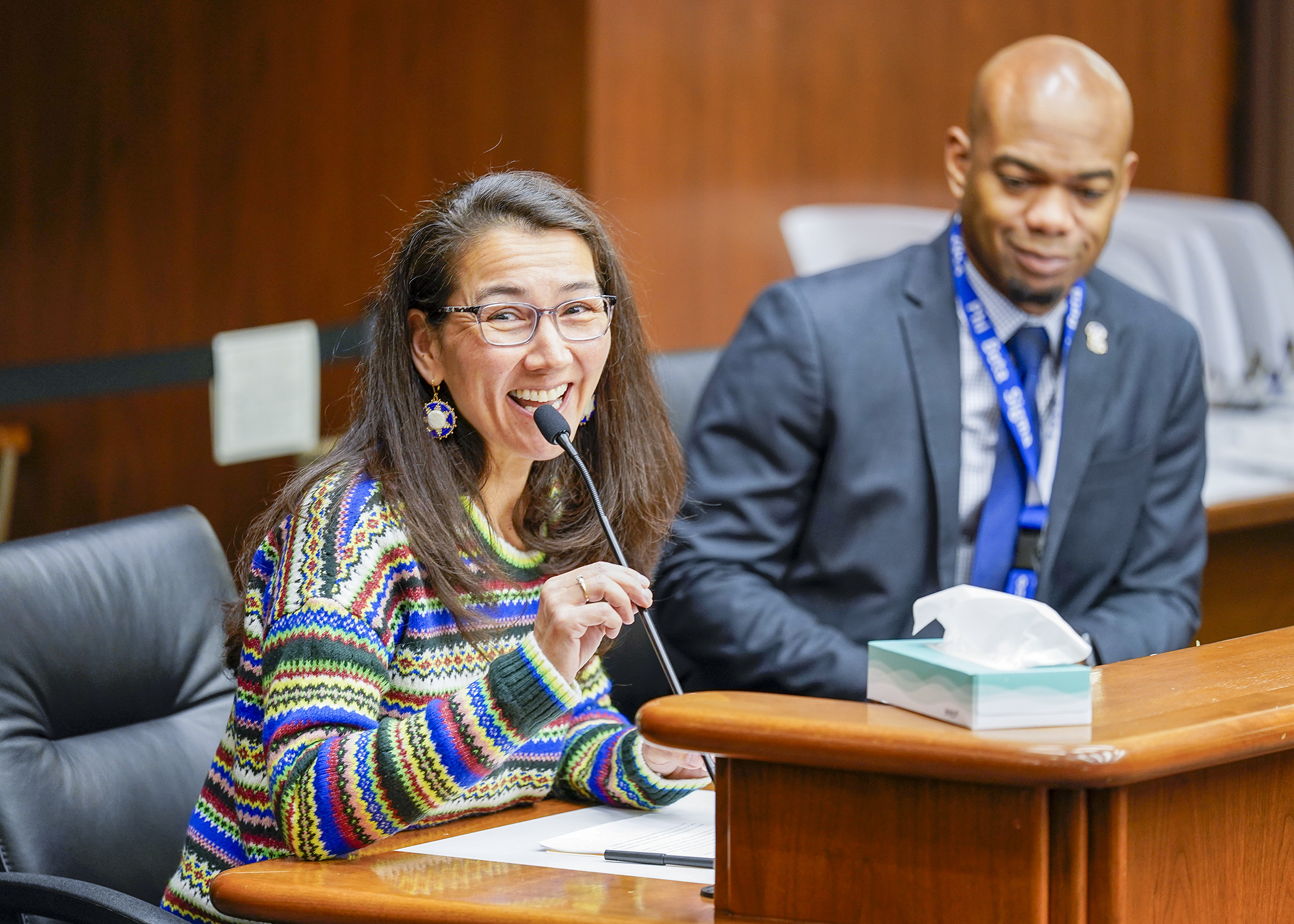 Alaska Congresswoman Mary Peltola testifies before the House Elections Committee March 17 in support of the ranked-choice voting bill sponsored by Rep. Cedrick Frazier, right. (Photo by Andrew VonBank)